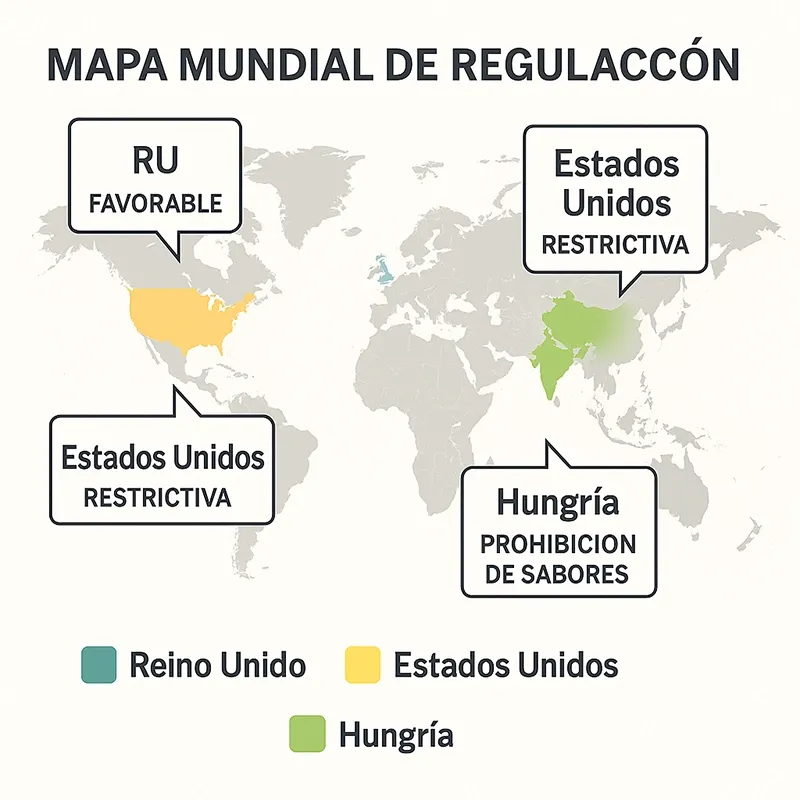 Infografía de mapa mundial con países como el Reino Unido, Alemania, EE. UU. y Hungría codificados por colores, con cuadros de texto que resumen sus posturas regulatorias (ej.: De Apoyo, Restrictiva).