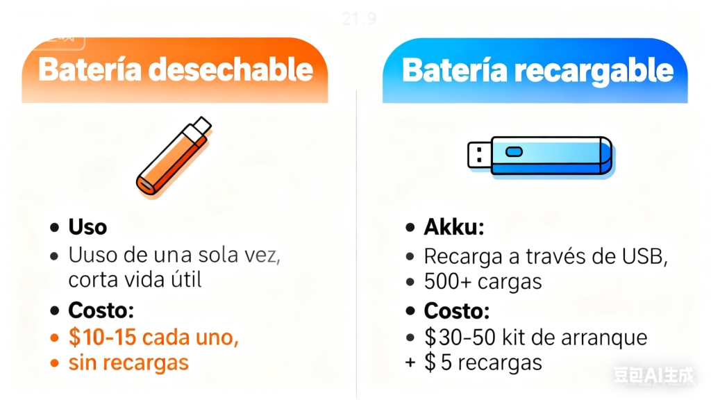 Gráfico de comparación lado a lado de vaporizadores desechables y recargables que muestra el tipo de batería, la vida útil y las diferencias de costo.