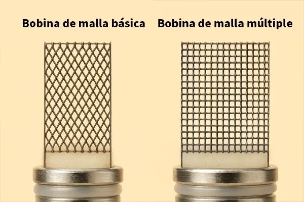 Dos bobinas de vapeo, una con malla básica y otra con malla múltiple, mostrando diferencias en el diseño de la malla metálica.