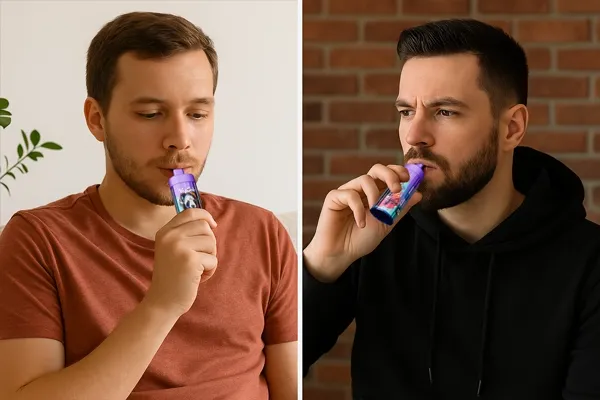 Dos personas disfrutando de un vape KING PRO con sabor Berry ICE en un ambiente interior. La primera persona sostiene un dispositivo colorido en una mano mientras viste una camiseta marrón claro; la segunda lleva puesta una sudadera negra frente a una pared de ladrillos.