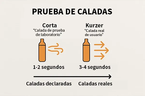 Gráfico comparativo sobre las caladas de vapeo, mostrando "Calada de prueba de laboratorio" de 1-2 segundos y "Calada real de usuario" de 3-4 segundos.