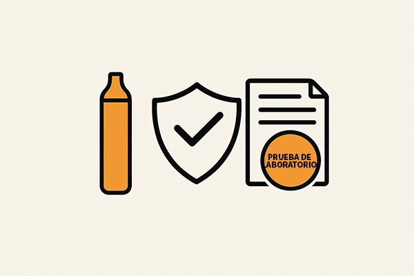 Iconos de un vape, un escudo con marca de verificación y un documento resaltando "PRUEBA DE LABORATORIO".