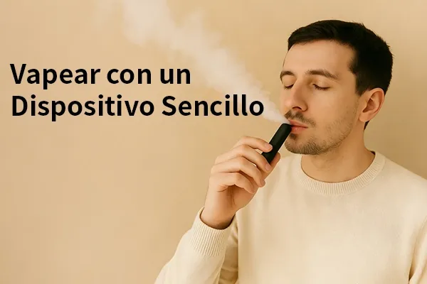 Hombre usando un dispositivo de vapeo sencillo con el texto "Vapear con un Dispositivo Sencillo" al lado.