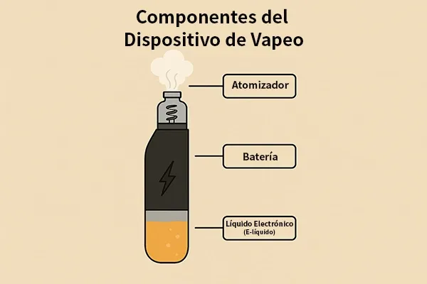 Diagrama ilustrativo mostrando un dispositivo de vapeo con sus componentes: atomizador, batería y líquido electrónico.