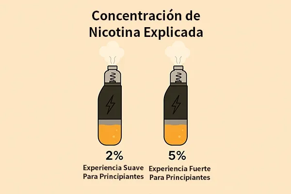 Dos vapes mostrando concentraciones de nicotina al 2% y 5%, etiquetados como "Experiencia Suave Para Principiantes" y "Experiencia Fuerte Para Principiantes".