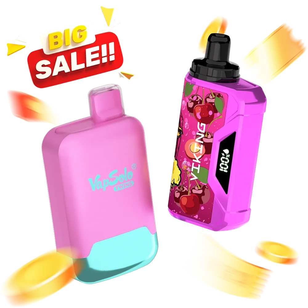 Dispositivos de vapeo VapSolo TWINS y KING PRO en colores vibrantes con oferta "BIG SALE" destacada.