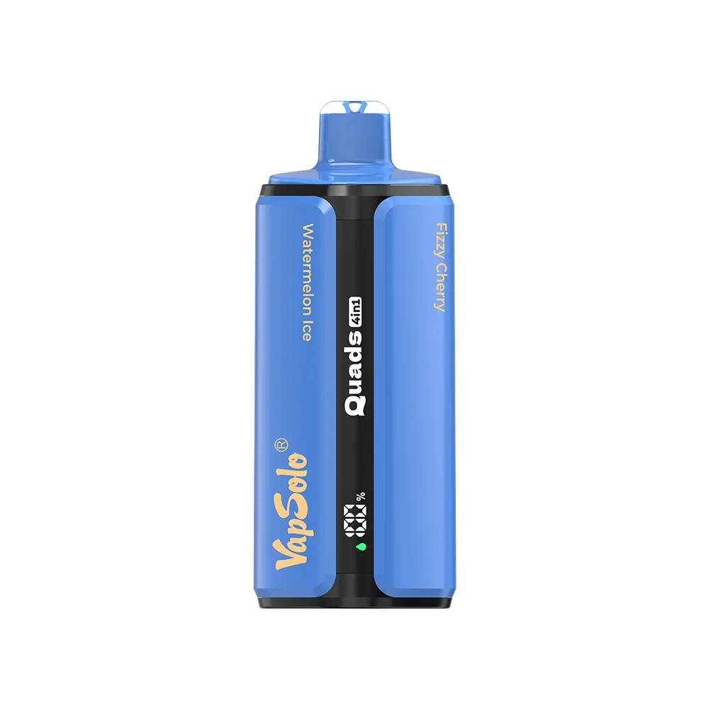 Puff VapSolo Quads 80K con los sabores Sandía Hielo y Cereza Gasificada, en diseño azul.