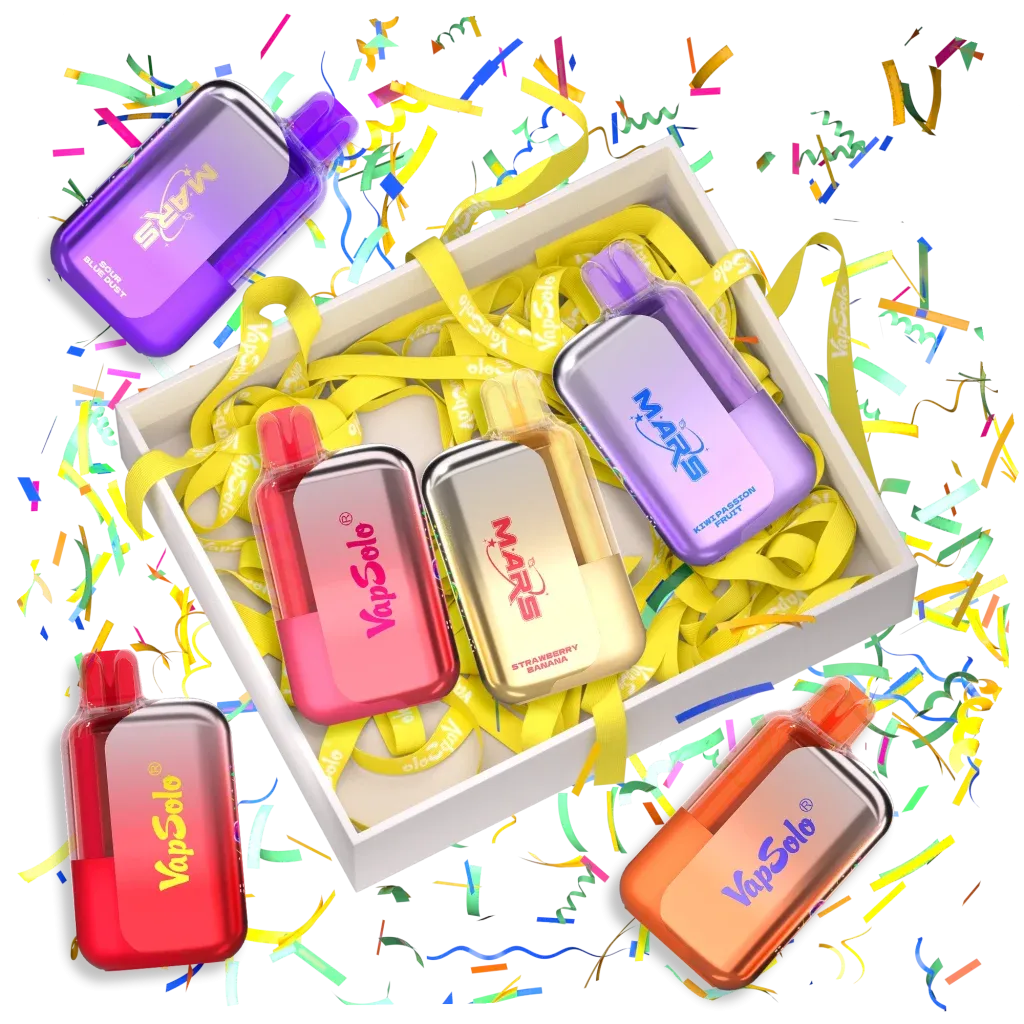 Caja abierta con cintas amarillas y vapes de las marcas VapSolo y Mars en sabores diversos, decorada con confeti colorido.