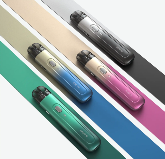 Vaporizadores Aspire Flexus Q en diferentes colores, incluyendo verde, azul, rosa, dorado y plata, dispuestos en un fondo con franjas a juego.