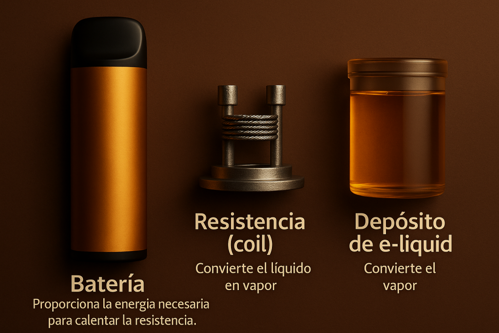 Ilustración de los componentes de un vaper desechable: batería para calentar la resistencia, resistencia (coil) que convierte el líquido en vapor, y depósito de e-liquid.