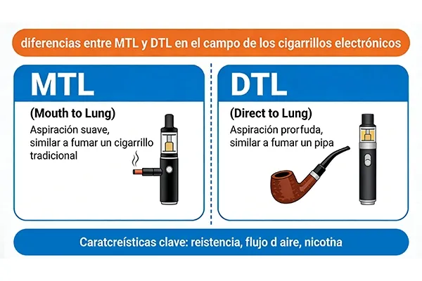Comparación entre MTL (Mouth to Lung) y DTL (Direct to Lung) en cigarrillos electrónicos, detallando métodos de aspiración y características clave.