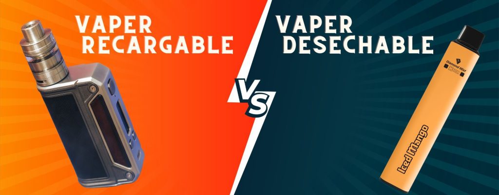 A la izquierda aparece un vaper recargable metálico sobre un fondo naranja con el texto "Vaper Recargable". A la derecha, un vaper desechable de la marca Diamond Mist con sabor "Iced Mango" sobre un fondo azul con el texto "Vaper Desechable". En el centro destaca un "VS" en blanco.