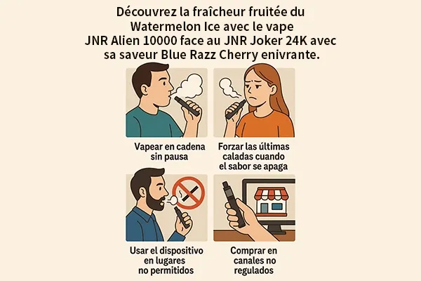 Cuatro ilustraciones mostrando errores comunes al usar vapes: vapear sin pausa, forzar caladas, usar en lugares no permitidos, y comprar en canales no regulados.