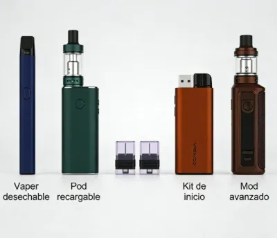 Cuatro tipos de vapes incluyendo vaper desechable, pod recargable, kit de inicio y mod avanzado, con texto explicativo debajo de cada uno.