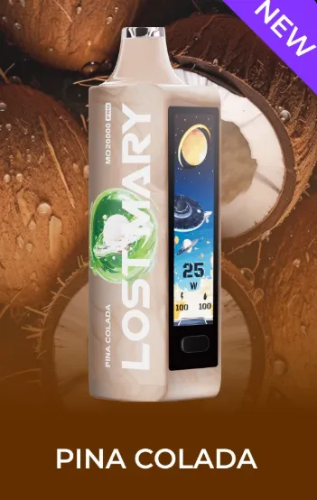 Vape de Lost Mary modelo MO20000 con sabor Piña Colada, destacando su diseño innovador junto a mitades de coco y etiqueta "NEW" en la esquina superior.