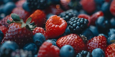 Primer plano de fresas, frambuesas, moras y arándanos frescos, destacando el sabor 'Bayas Mixtas' de vape KING PRO.