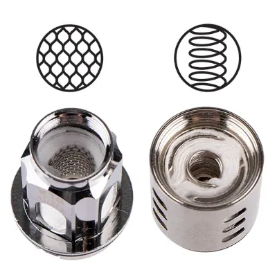 Dos recambios de bobinas de vapeo metálicas con distintos patrones de malla en blanco.