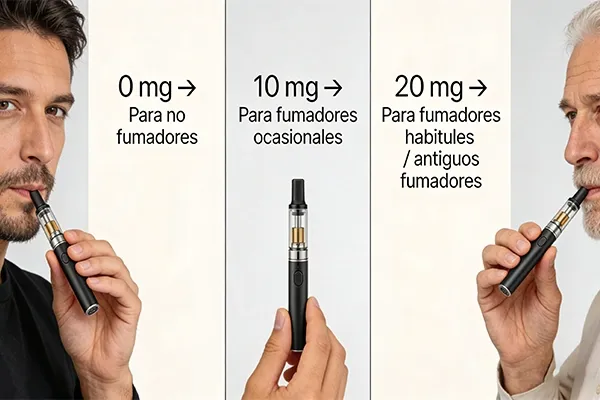 Personas usando vapes con indicaciones de nicotina: 0 mg para no fumadores, 10 mg para fumadores ocasionales, 20 mg para fumadores habituales.