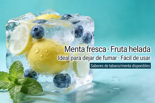 Cubo de hielo con rodajas de limón y arándanos acompañado de hojas de menta. Texto visible: "Menta fresca · Fruta helada. Ideal para dejar de fumar · Fácil de usar. Sabores de tabaco/menta disponibles."