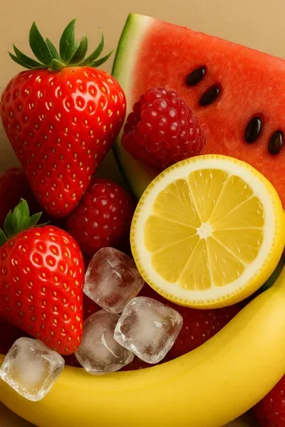 Una selección vibrante de frutas frescas incluyendo fresas, plátano y limón, acompañadas de cubitos de hielo, representando los sabores frescos de Vapsolo Quads.