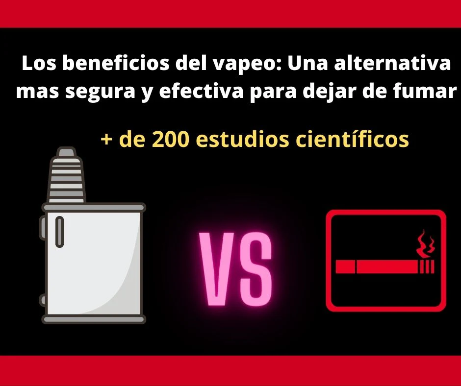 Comparación visual entre un vapeador y un cigarrillo con texto resaltando beneficios del vapeo y más de 200 estudios científicos.