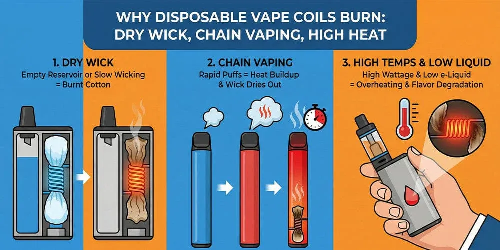 Infografía sobre por qué se queman las resistencias de los vapes desechables, destacando tres razones principales: mecha seca, vapeo en cadena y altas temperaturas con poco líquido.