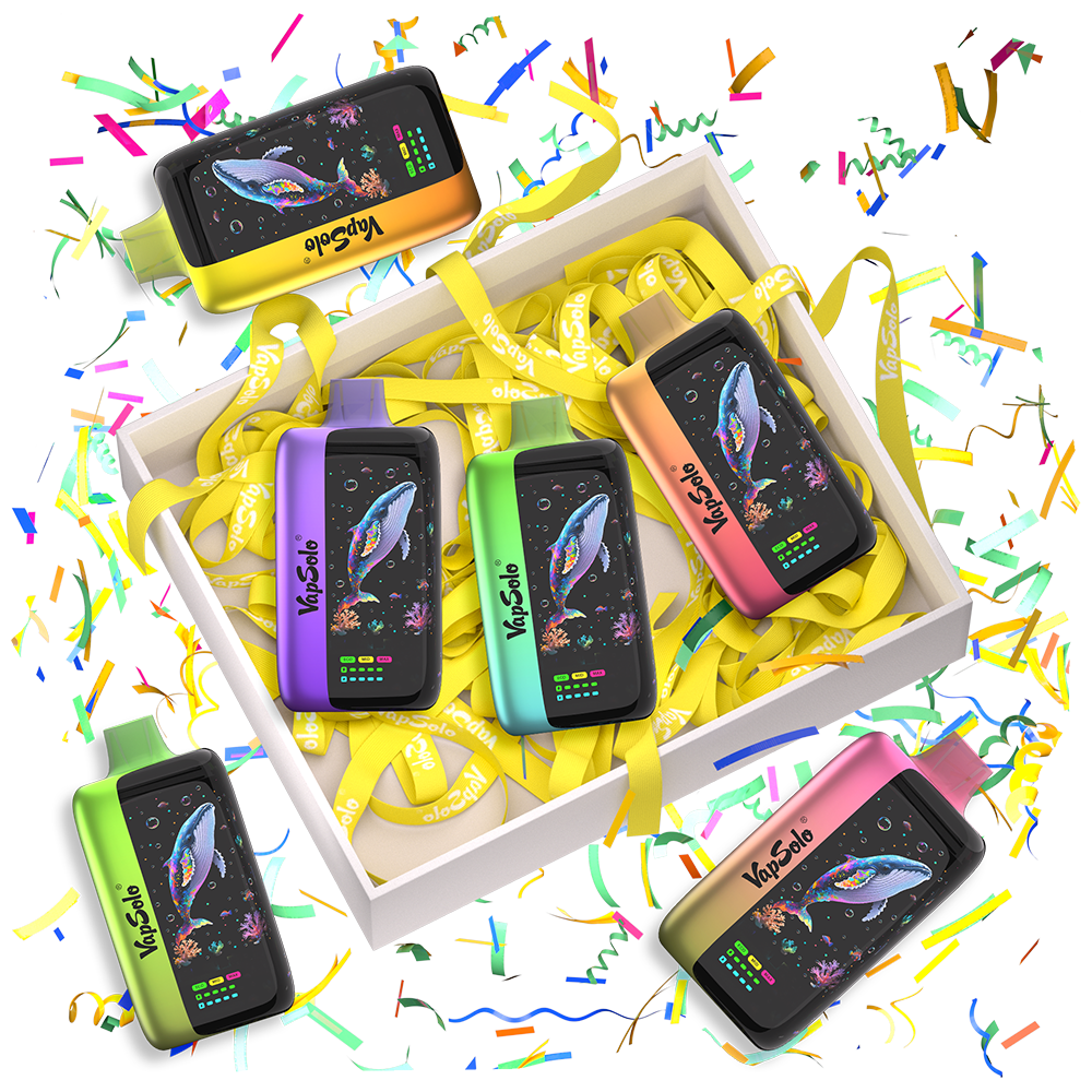 Eine geöffnete Geschenkbox mit fünf bunten VapeSolo Vapes, umgeben von gelben Schleifenbändern, auf denen "VapeSolo" steht, sowie Konfetti im Hintergrund.