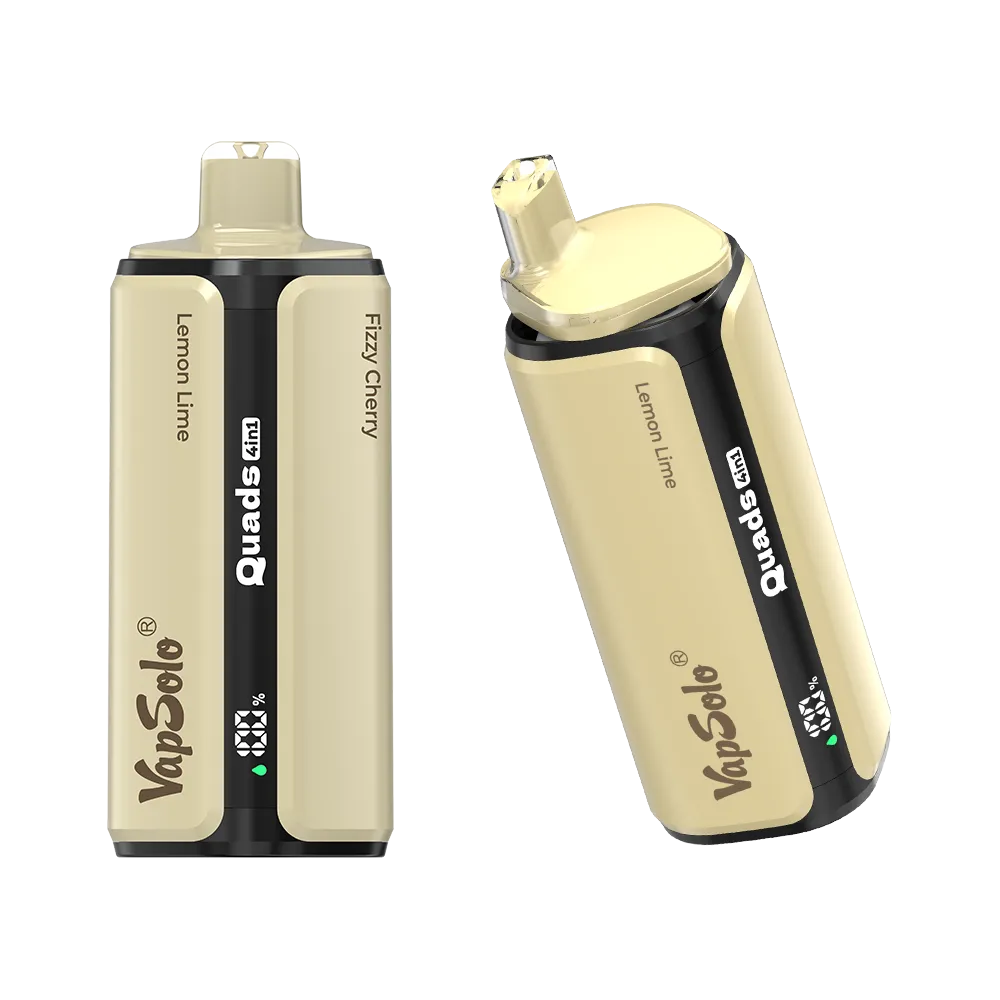 VapSolo Quads 4ml e-cigarettes featuring Lemon Lime and Fizzy Cherry flavors, showing sleek beige design with visible branding.