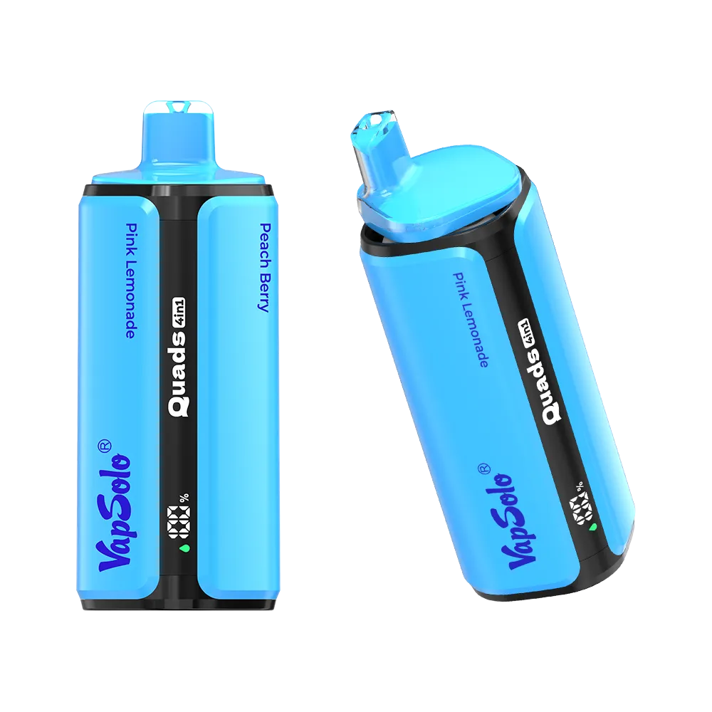 Two vibrant VapSolo Quads vape pods displayed on a white background, featuring Pink Lemonade and Peach Berry flavors. Prominent brand lettering and flavor names are visible in blue and black accents.
