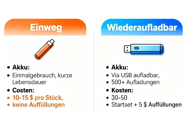 Side-by-side-Vergleichsdiagramm von Wegwerf- und Wiederaufladbaren Dampfern mit Batterietyp, Lebensdauer und Kostenunterschieden.