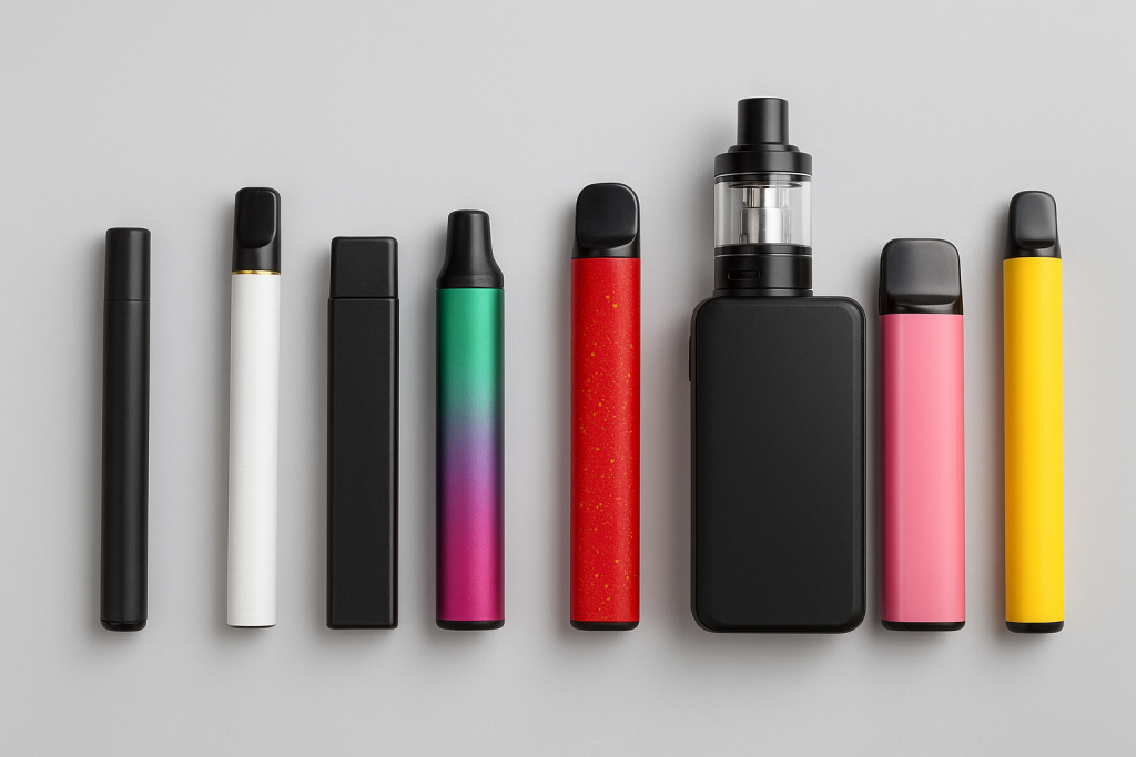 Verschiedene Arten von elektronischen Zigaretten werden zusammen aufgeführt, mit verschiedenen Arten von elektronischen Zigaretten oben.