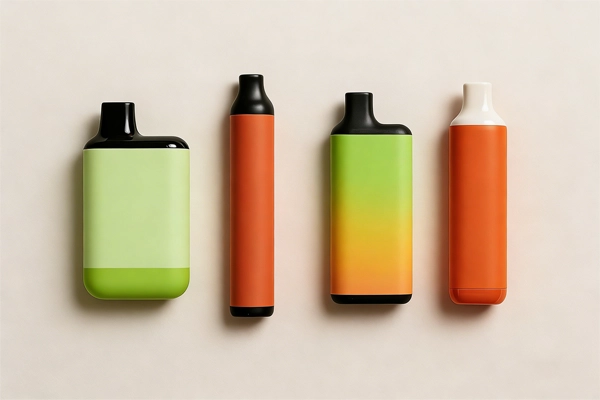 Vier verschiedene Vape-Geräte in den Farben Grün, Orange und mehrfarbig, nebeneinander aufgestellt.