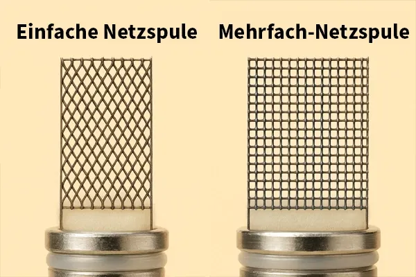 Vergleich von einer einfachen Netzspule und einer Mehrfach-Netzspule für E-Zigaretten auf hellgelbem Hintergrund.