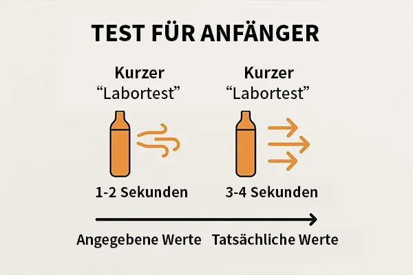 Diagramm mit zwei Flaschen, beschriftet als "Kurzer Labortest", zeigen Vergleich von 1-2 Sekunden und 3-4 Sekunden, mit Pfeilen für angegebene und tatsächliche Werte.
