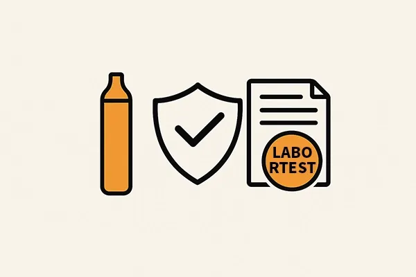 Abbildung eines orangenen Puff-Geräts, eines Schutzschildsymbols mit Häkchen und eines Dokuments mit der Aufschrift "LABOR TEST".