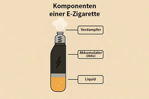 Aufbau einer E-Zigarette mit Akku, Coil und E-Liquid
