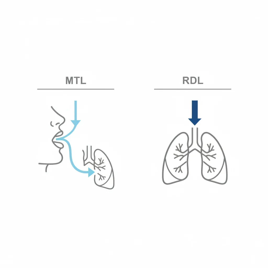Grafik zeigt Unterschiede bei der Nikotinaufnahme: MTL (Mouth to Lung) auf der linken Seite mit einem blauen Pfeil, der von Mund in die Lunge führt, und RDL (Restricted Direct Lung) auf der rechten Seite mit einem blauen Pfeil direkt in die Lunge.