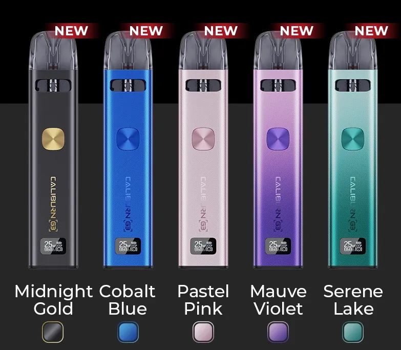 Fünf Uwell Caliburn G3 Vapes in den Farben Midnight Gold, Cobalt Blue, Pastel Pink, Mauve Violet und Serene Lake, alle mit einem „NEU“-Label.