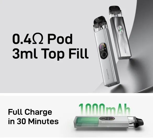 Vaporesso XROS 4 Vape-Gerät mit 0.4Ω Pod, 3ml Top Fill Kapazität, und 1000mAh Akku für vollständige Ladung in 30 Minuten.