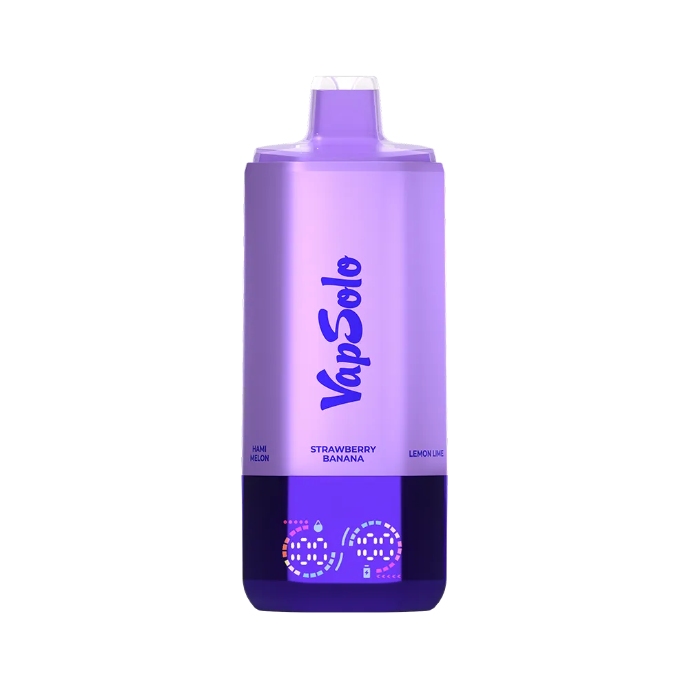 Lila VapSolo Vape mit einem luftigen Design und Geschmacksrichtungen Strawberry Banana, Lemon Lime und Hami Melon.