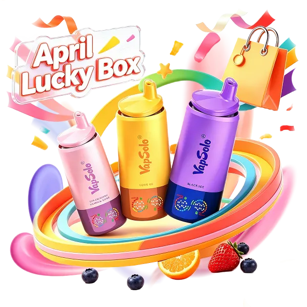 Drei VapSolo Puff-Geräte in den Geschmacksrichtungen Blaubeere Himbeere, Love 66 und Black Ice, umgeben von bunten Bändern und Früchten. Im Hintergrund ist der Schriftzug "April Lucky Box" sichtbar.