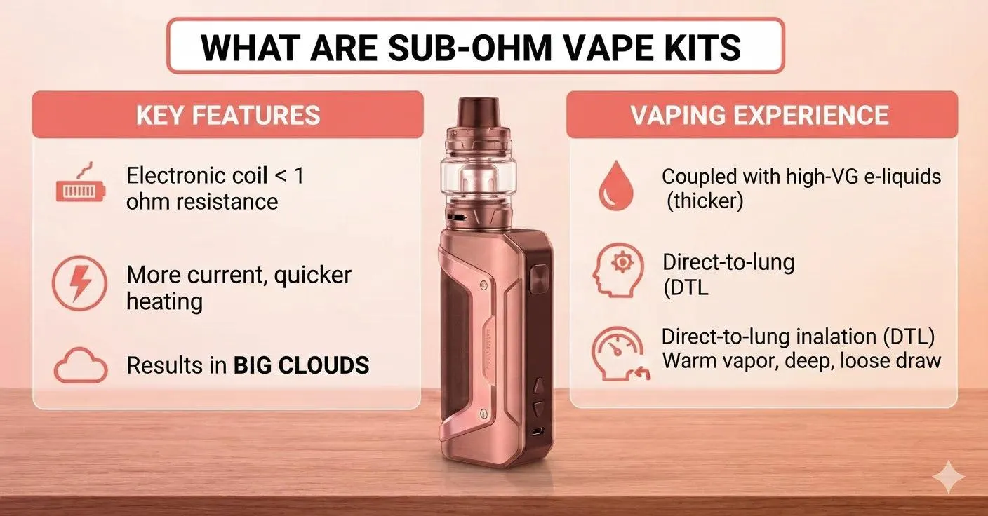 Illustration eines Sub-Ohm-Vape-Geräts in Kupferfarbe auf einem Holztisch mit hervorgehobenen Funktionen wie elektronischer Coil <1 Ohm, schnelles Aufheizen und DTL-Inhalation. Text beschreibt „Key Features“ und „Vaping Experience“.