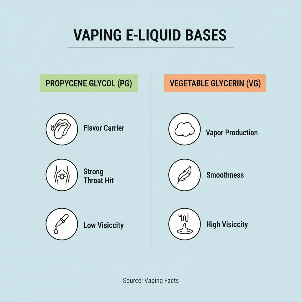 Infografik zum Vergleich von Propylenglykol (PG) und pflanzlichem Glycerin (VG) für E-Liquid-Basen, einschließlich Vorteilen wie Geschmacksträger und Dampfproduktion.