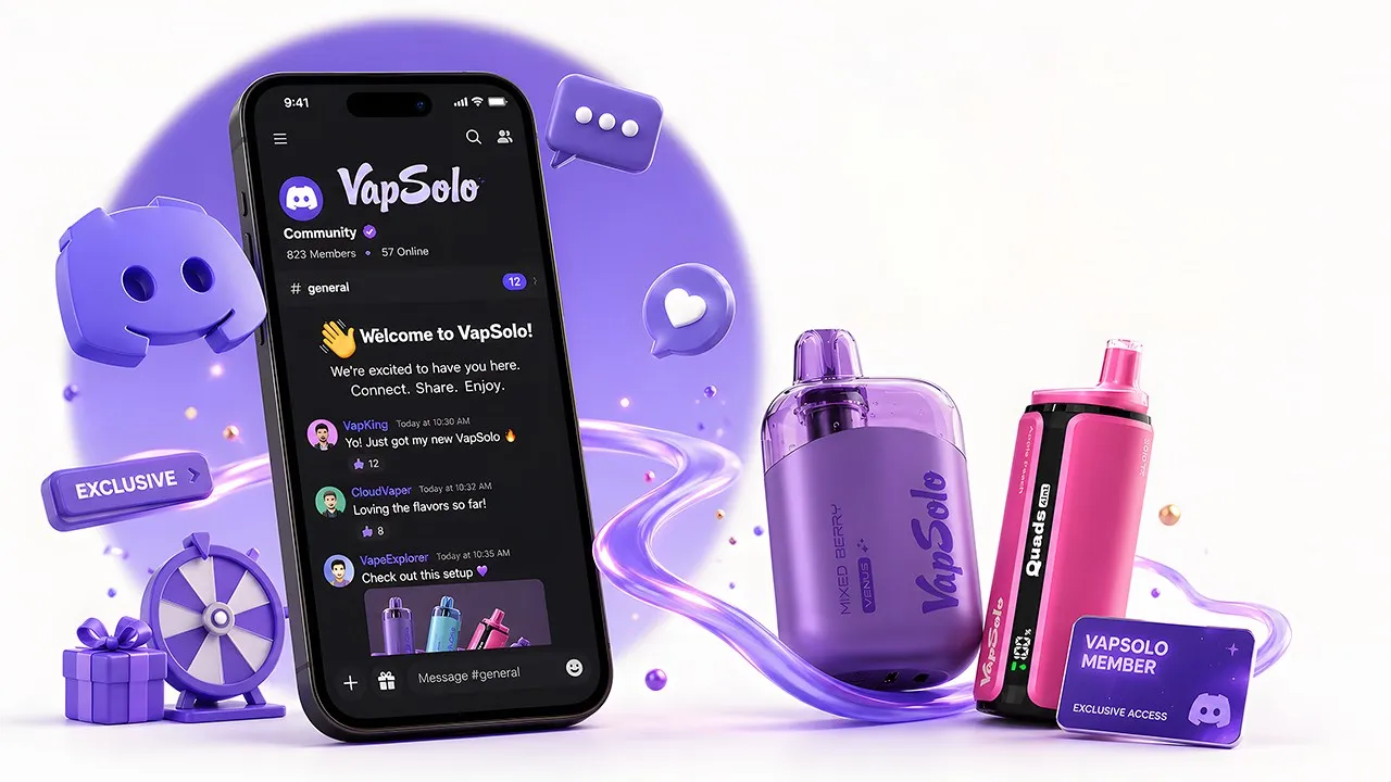 A phone showing the VapSolo Discord server, beside two VapSolo devices and a member card.
